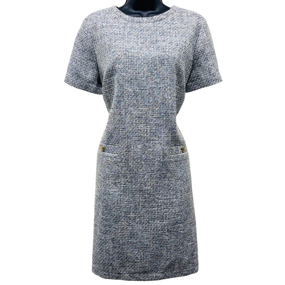 NWT Loft Blue Tweed Shift Dress Gold Crest Buttons Size 8 38480393